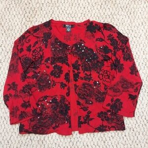 Style & Co Ladies PM Red & Black Floral 3/4 Sleeve Cardigan Sweater Sequins